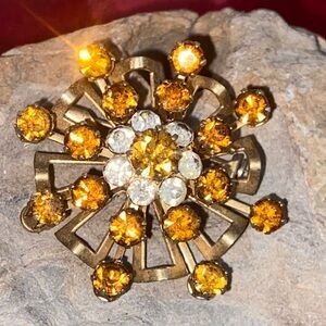 Vintage CORO Amber & Clear Glass Prong Set Rhinestoned   Broach